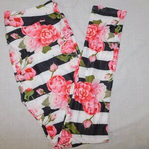 Miss T's Fashion TC2 Womens 20 to 26 Black White Striped Pink Peony Leggings